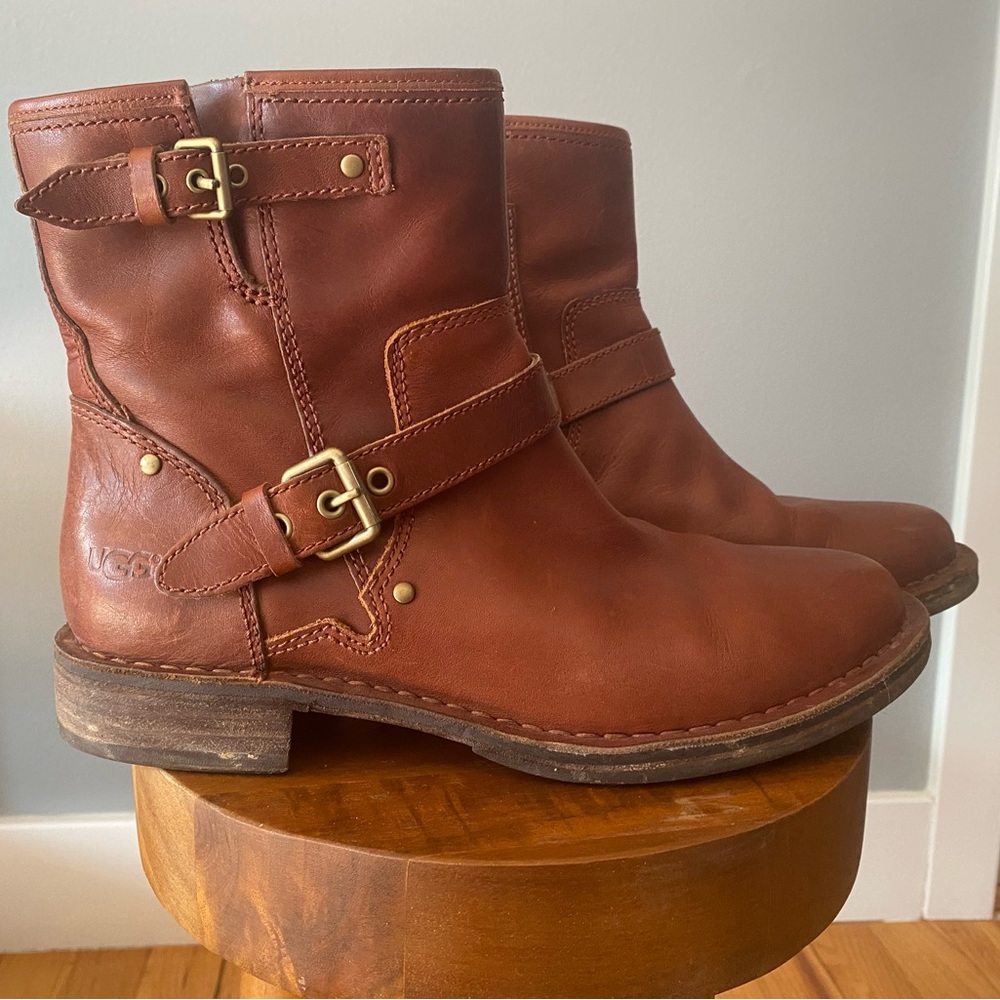 Ugg Fabrizia Brown Leather Ankle Moto Boots